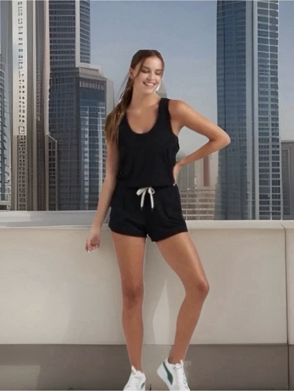 Vuori Torrey Black Ribbed Racerback Style Sleeveless Romper Sz S